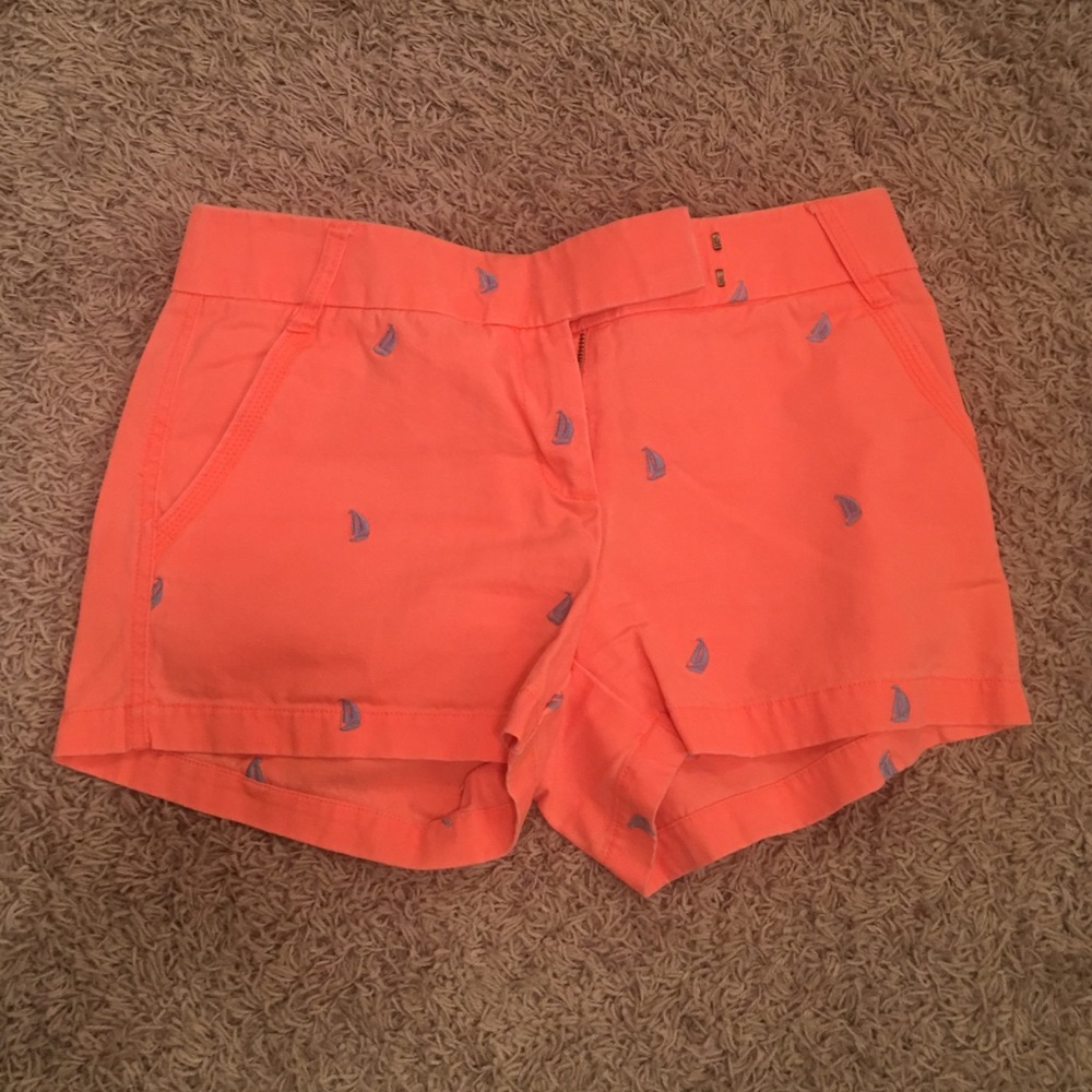 J Crew Orange/coral chino w/ sailboats shorts